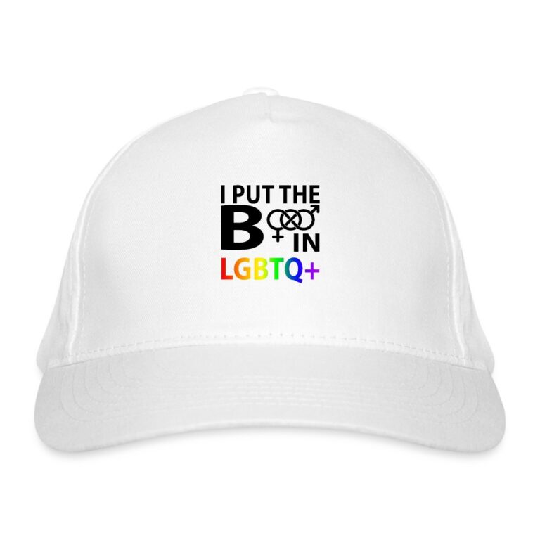 i-put-the-b-in-lgbtq-bio-baseballkappe-weiss