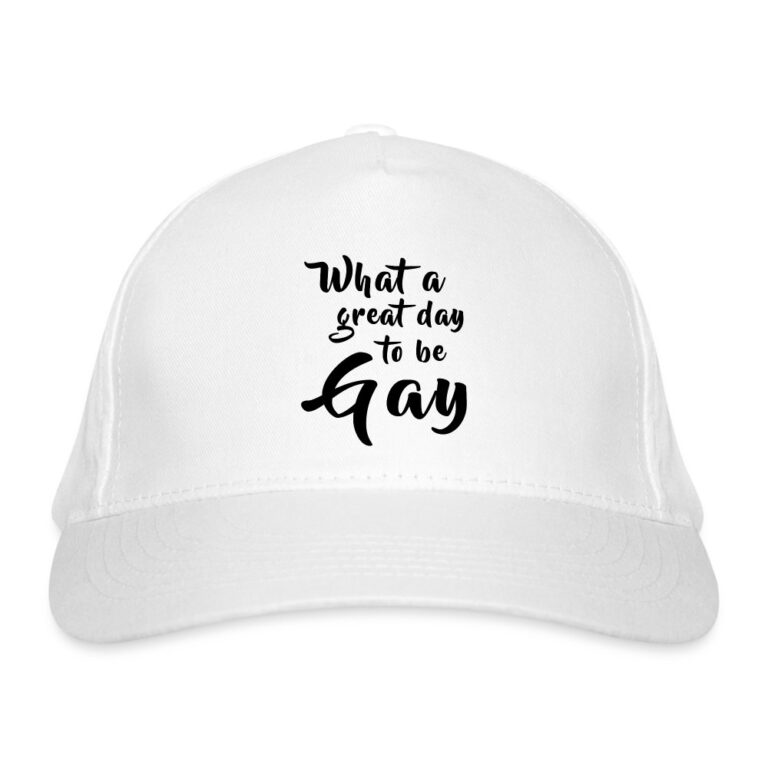 what-a-great-day-to-be-gay-bio-baseballkappe-weiss
