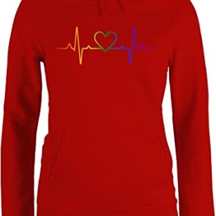 Pullover Damen Hoodie Frauen - LGBTQ Kleidung Flag - Herzschlag Regenbogen Pride - S - Rot - CSD Herz Kapuzenpullover LGBT LGBTQ+Regenbogen Hoodies Lesbian Hoody lgbtqia Pulli Gay lqbtq Queer