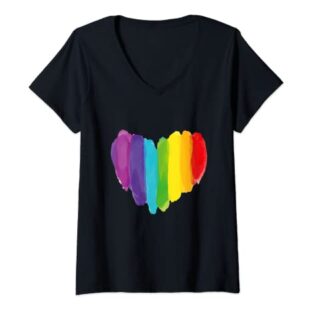 Damen Regenbogen Herz LGBT CSD Gay Pride T-Shirt mit V-Ausschnitt