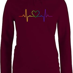 Pullover Damen Hoodie Frauen - LGBTQ Kleidung Flag - Herzschlag Regenbogen Pride - L - Burgundrot - Queer Herz Hoody Lesbian LGBTQ+Regenbogen Hoodies CSD Kapuzenpullover lgbtqia Pulli Gay lqbtq LGBT