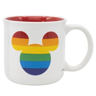 Elbenwald Pride Tasse mit Love Schriftzug und Mickey Symbol im Regenbogen Design 400 ml 9 cm Höhe für Disney-Fans Keramik Weiß Rot