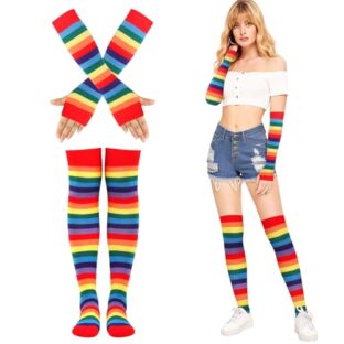 COEKI 2 Paar Set Herren und Damen Baumwolle Bunt Streifen Regenbogen Socken & Handschoenen Party Kostuum Accessoire