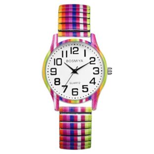 JewelryWe Damenuhr Regenbogen Elastische Uhr: Boho Bunte Streifen Gestreift LGBTQ Gay & Lesbian Pride Analog Quarz Armbanduhr Damen Stretchband Uhr mit Edelstahl Zugband & großen Zahlen Zifferblatt