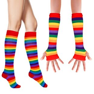 WLLHYF Regenbogen Gestreiftes Arm Bein Socken Set lange Strick Overknee Oberschenkelstrümpfe wärmer fingerlos dehnbar Cosplay Zubehör Halloween Weihnachten Neujahr Kostüme für Damen und Mädchen