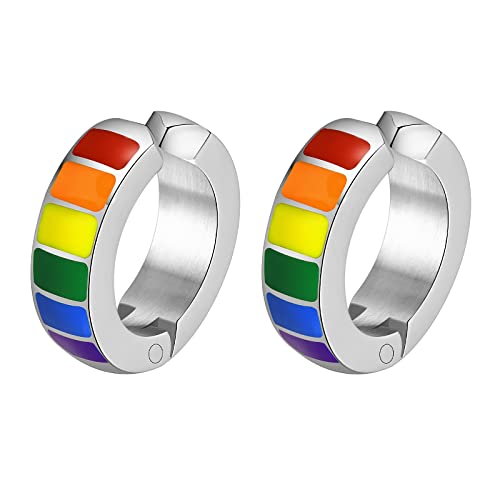 HIJONES Regenbogen Ohrclips aus Edelstahl Lgbt Pride Flagge Huggie Ohrstecker Nicht Durchbohrt Silber