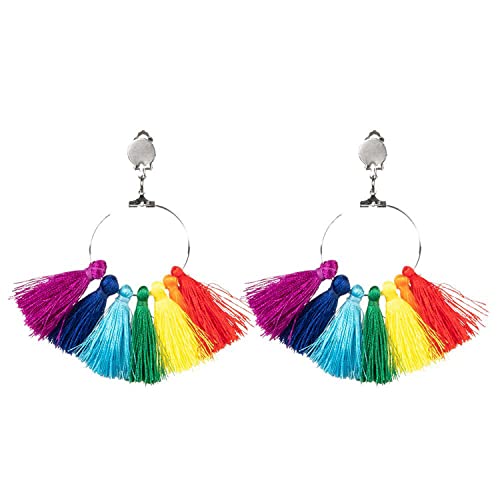 Boland 44742 - Regenbogen-Ohrringe mit Quasten, Ohr-Clips, Mode-Schmuck, Accessoire, Kostüm, Karneval, Mottoparty