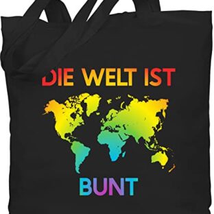 Baumwolltasche - LGBTQ Kleidung Pride Flag - Die Welt ist bunt – Regenbogen Farben - Unisize - Schwarz - lgbt bunte beutel csd jutebeutel lesbian tragetasche lqbtq tasche gay bag lgbtqia tote