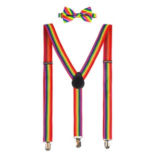 Regenbogen Hosenträger Fliege Set, Y-Rücken-Stil Verstellbar Elastisch mit Metallclips Unisex für Pride, LGBT Stolz Veranstaltungen, Sommer und Festival Cosplay Party