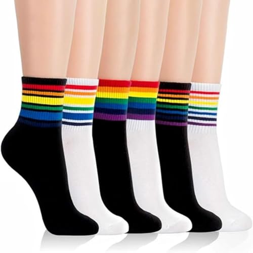 Socken mit Regenbogen, 6 Paar Muster Socken, Muster Baumwolle LGBT Socken Damen Bunte Gestreifte Regenbogen für Herren und Damen gestreift Pride Month Gay Socken für LGTBQ