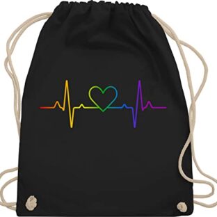 Turnbeutel Rucksack - LGBTQ Kleidung Flag - Herzschlag Regenbogen Pride - Unisize - Schwarz - lesbian gifts lgbt herz beutel csd lgbtq+regenbogen stoffrucksack lqbtq baumwolle gay stoffbeutel