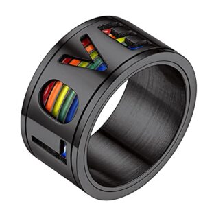 Richsteel schwarz Damenring Herreing in Ringgröße 64 LGBT Regenbogen Ring mit bunten Herzen Spinnerring Bandring Rainbowe Fingerring für Homosexueller und Homosexuelle