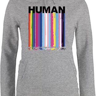 Pullover Damen Hoodie Frauen - LGBTQ Kleidung Pride Flag - Human Blockschrift Regenbogen Farben Tropfen - L - Grau meliert - Pulli Queer Regenbogenfarben Oberteil Gay LGBT hodi lqbtq Hoody Lesbian