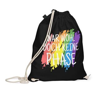 PlimPlom LGBTQ Tasche Schwarz Aus Baumwolle - War Wohl Doch Keine Phase Rucksack - Gay Pride Turnbeutel - LGBT Stoffbeutel - Regenbogen Jute Beutel - Gym Bag - Festival Beutel