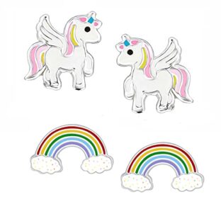 FIVE-D 2 Paar Kinderohrringe Einhorn und Blume Kristall aus 925 Silber im Schmucketui (Einhorn-Regenbogen)