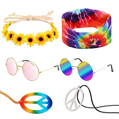 WATINC Halloween Hippie Kostüm Set, 7 Stück Halloween Retro Runde rosa Sonnenbrillen Regenbogen Frieden Zeichen Halskette Sonnenblumen Kopfband Dye Stirnband Hipppy Ankleiden für Halloween Party