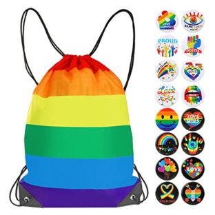 DPKOW LGBTQ Accessoires Regenbogen Kordelzug Tasche LGBT Pin Button, 1 Gay Pride Turnbeutel LGBT Regenbogen Kordelzug Rucksack, 16 LGBT Regenbogen Broschen Abzeichen für Frauen Männer Pride Zubehör