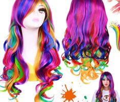 Soundzero Perücke Bunt Lang Locken,Regenbogen Perücke Damen Locken, Fasching Perücke Damen Regenbogen, Cosplay Perücke Bunte, 28 Zoll/70 cm, Geeignet für Alltag, Cosplay, Halloween