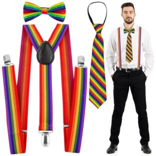 TOPJOWGA Regenbogen Kostüm Zubehör Set, 3 teiliges Regenbogen Hosenträger Bunt Fliegen Krawatten, Kostüm Accessories Karneval Outfit für Pride Fasching Karneval Cosplay Party