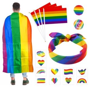 GAROMIA 17 Stück Pride Accessoires Set Gay Pride Party Regenbogen Umhang Stirnband LGBTQ Abzeichen Regenbogentattoo Regenbogen Flaggen für Frauen Männer Pride Party Pride Parades