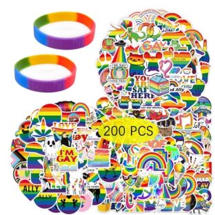 GTOTd Rainbow Stickers Regenbogen Aufkleber (200 Stück mit 2 Pack Wristband Armband Decor) Pride LGBTQ Computer Laptop Skateboard Gitarre Gepäck Vinyl Aufkleber