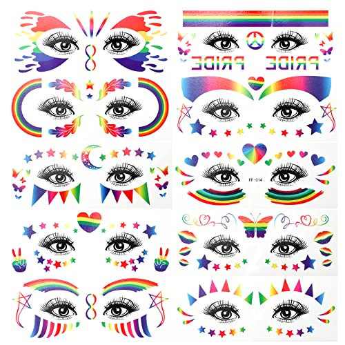 10 Blätter Temporäre Tattoos Regenbogen, Pride Tattoos Regenbogen Gesicht Tattoo Dekoration Augen, Schmetterling, Stern, Herz Tattoos für LGBT, Pride Festivals