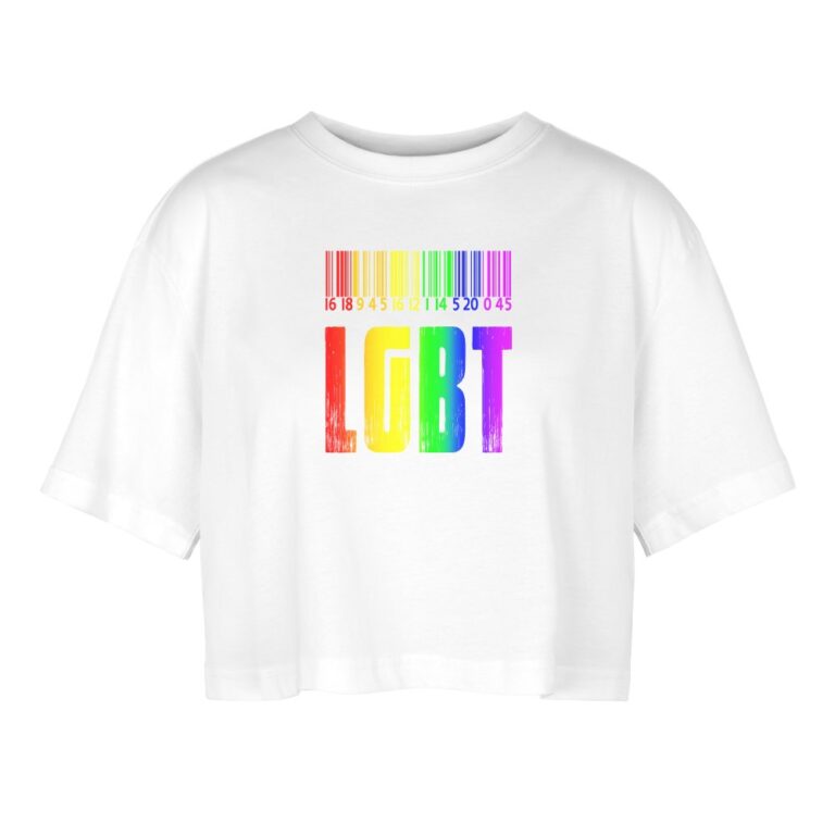 regenbogen-barcode-lgbt-design-frauen-oversized-cropped-t-shirt-weiss