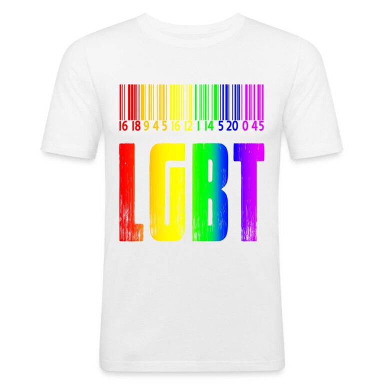 regenbogen-barcode-lgbt-design-maenner-slim-fit-t-shirt-weiss