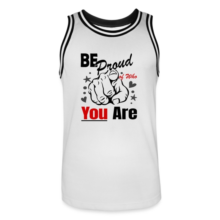 be-proud-of-who-you-are-maenner-basketball-trikot-weiss-schwarz