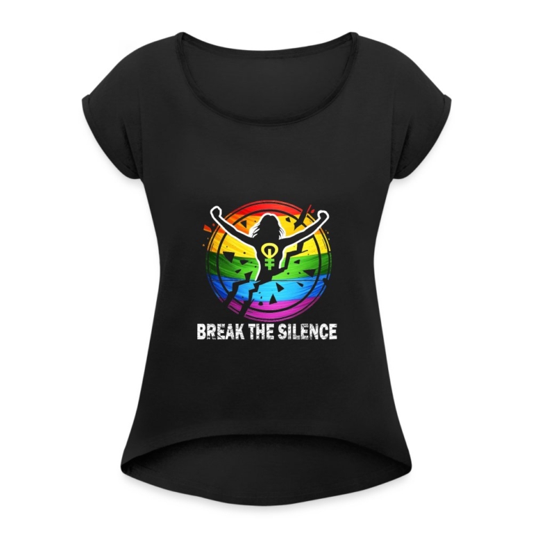 break-the-silence-frauen-t-shirt-mit-gerollten-aermeln-schwarz