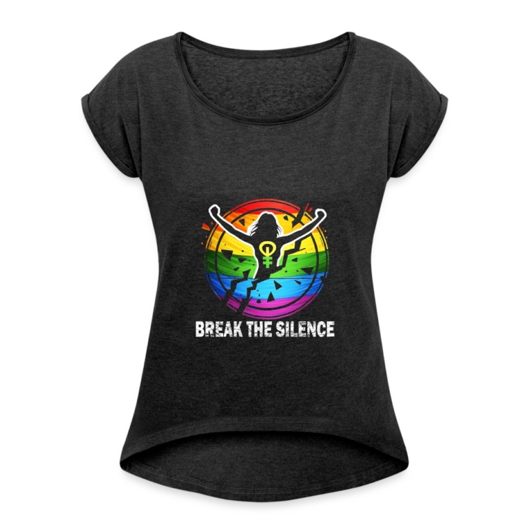 break-the-silence-frauen-t-shirt-mit-gerollten-aermeln-schwarz-meliert
