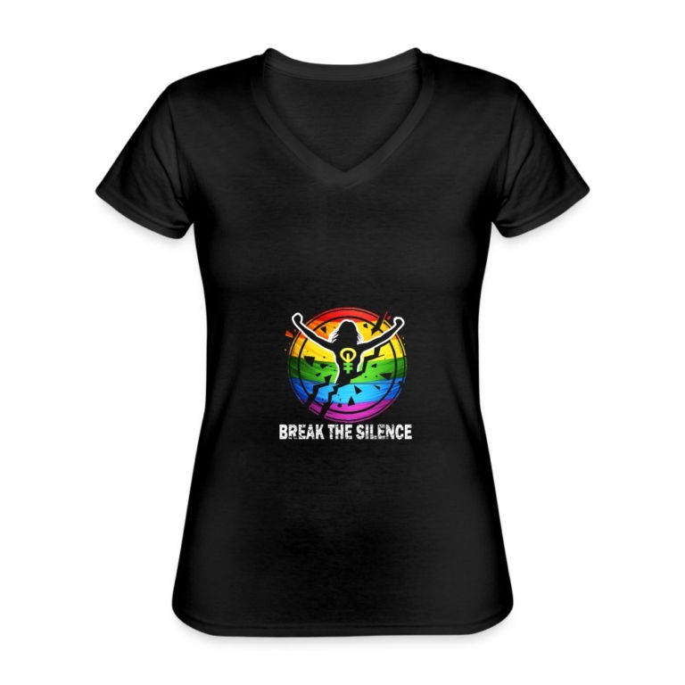 break-the-silence-klassisches-frauen-t-shirt-mit-v-ausschnitt-schwarz