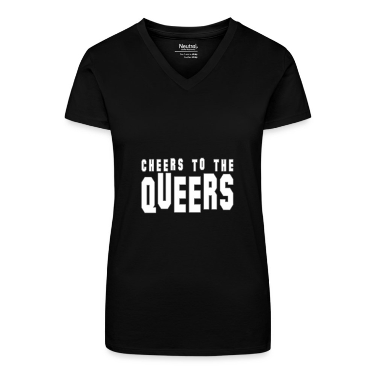 cheers-to-the-queers-bio-frauen-t-shirt-mit-v-ausschnitt-schwarz