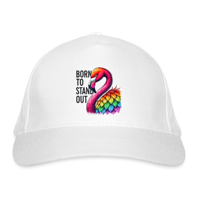 flamingo-in-pride-farben-bio-baseballkappe-weiss