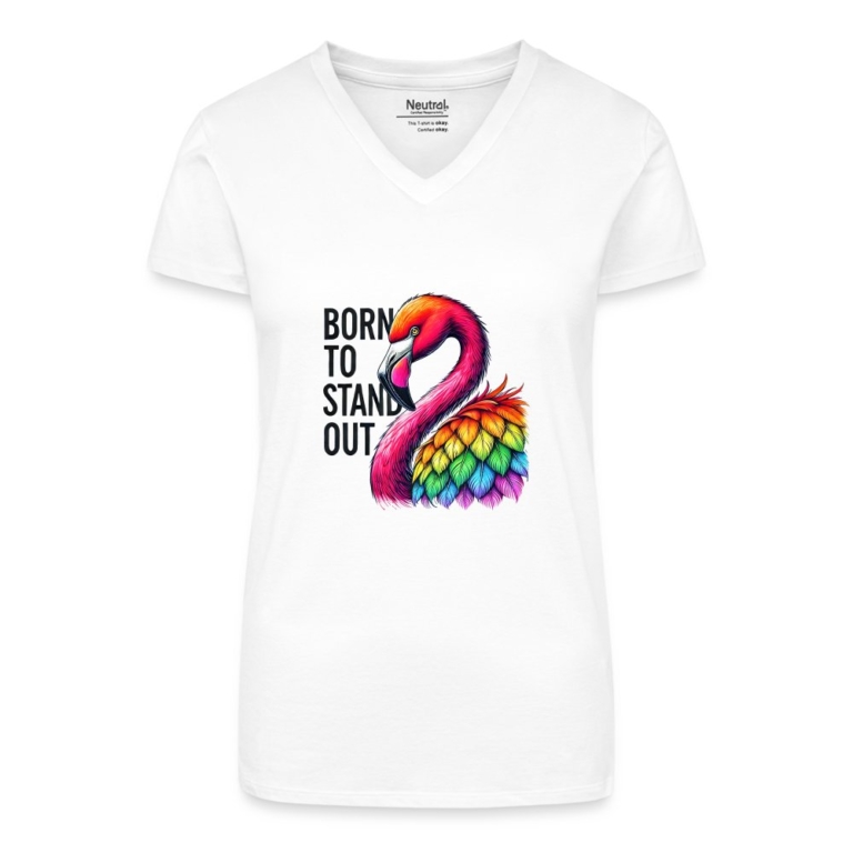 flamingo-in-pride-farben-bio-frauen-t-shirt-mit-v-ausschnitt-weiss
