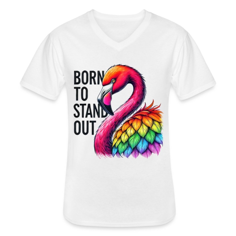flamingo-in-pride-farben-klassisches-maenner-t-shirt-mit-v-ausschnitt-weiss