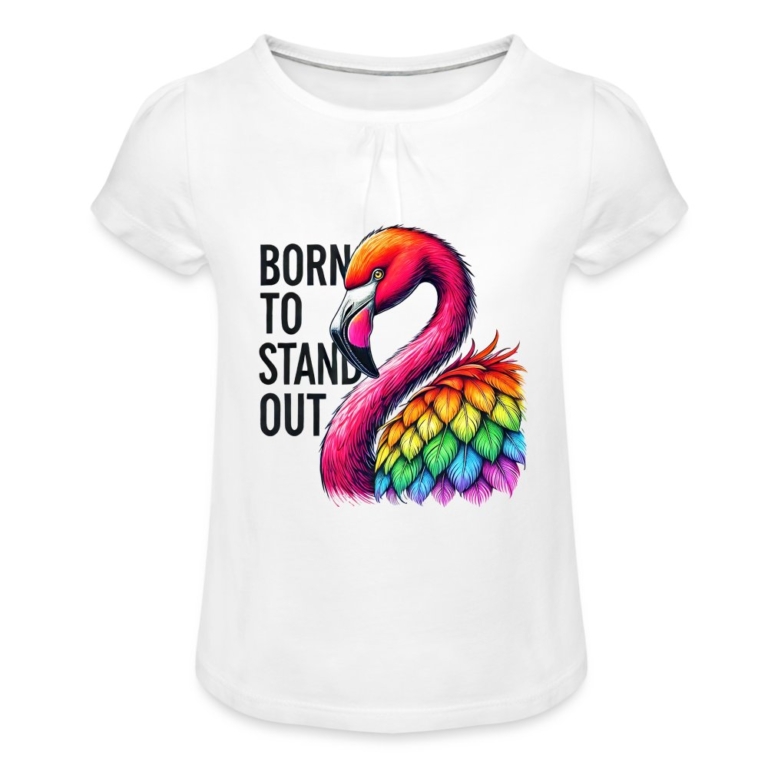 flamingo-in-pride-farben-maedchen-t-shirt-mit-raffungen-weiss