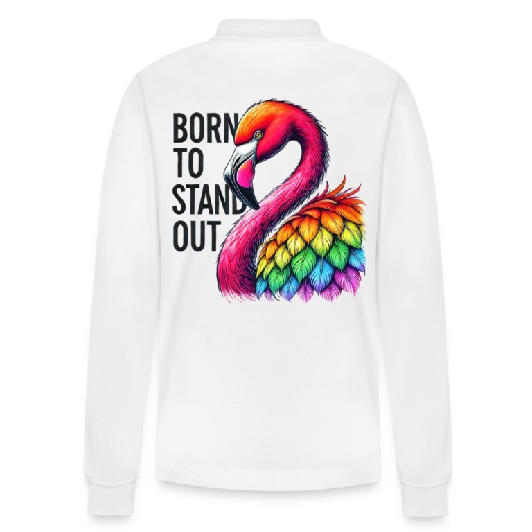 flamingo-in-pride-farben-stanleystella-unisex-bio-langarm-poloshirt-prepster-weiss