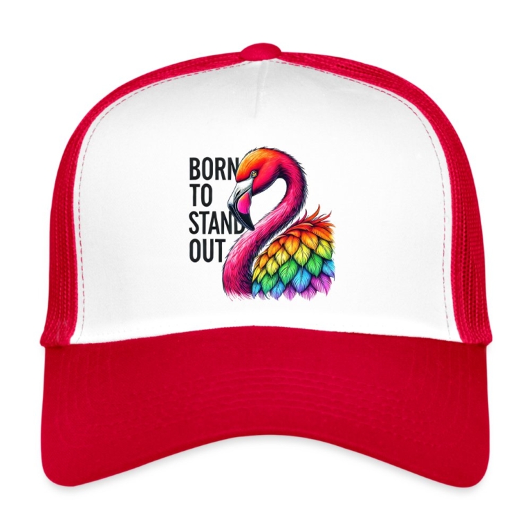 flamingo-in-pride-farben-trucker-cap-weiss-rot