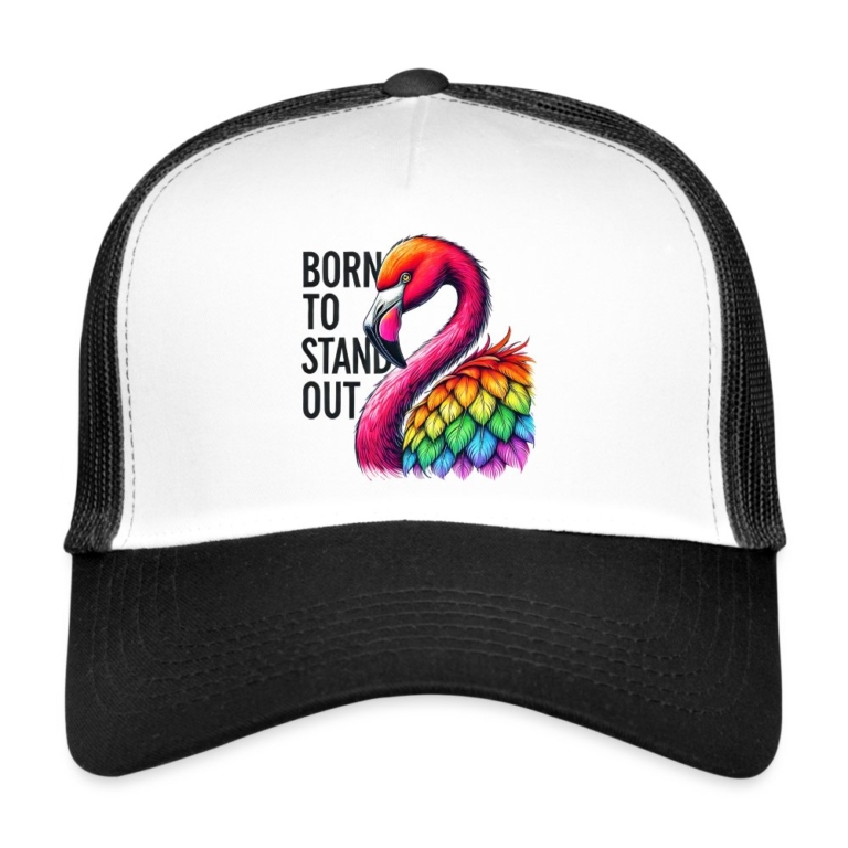 flamingo-in-pride-farben-trucker-cap-weiss-schwarz