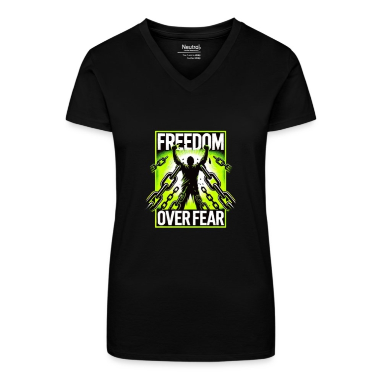freedom-over-fear-bio-frauen-t-shirt-mit-v-ausschnitt-schwarz