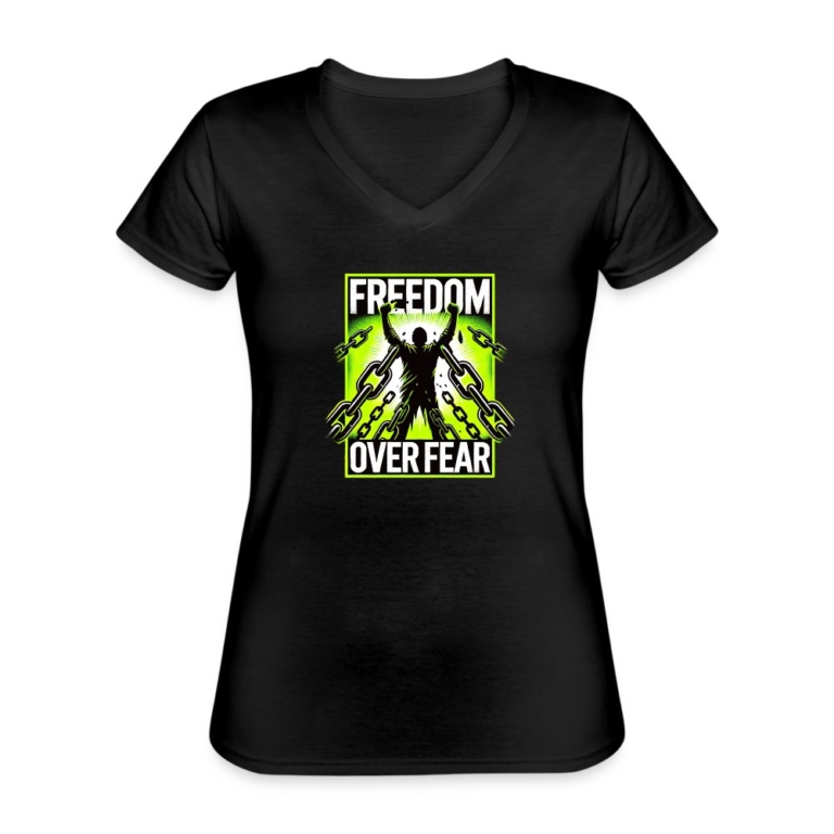freedom-over-fear-klassisches-frauen-t-shirt-mit-v-ausschnitt-schwarz