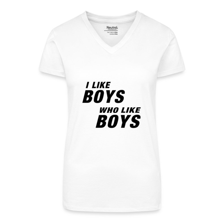 i-like-boys-who-like-boys-black-bio-frauen-t-shirt-mit-v-ausschnitt-weiss
