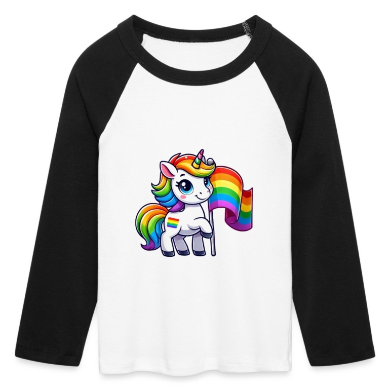 magisches-einhorn-der-vielfalt-cropped-frauen-baby-tee-mit-34-aermel-weiss-schwarz