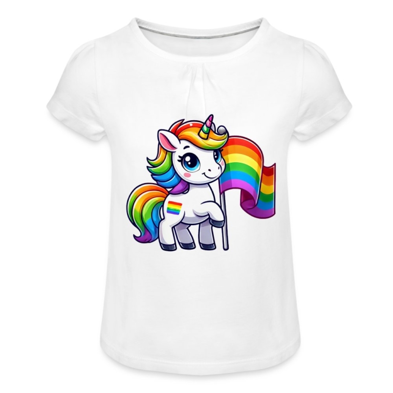 magisches-einhorn-der-vielfalt-maedchen-t-shirt-mit-raffungen-weiss