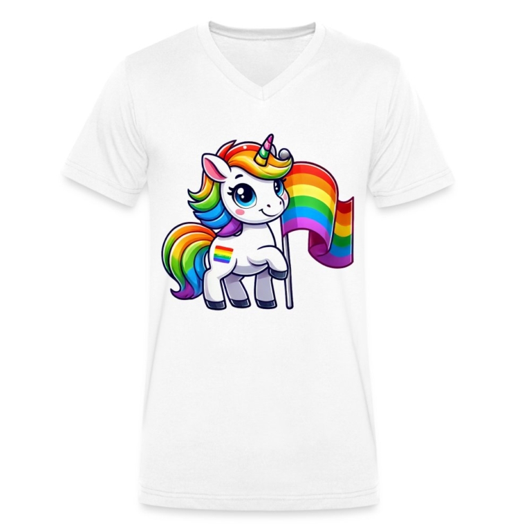 magisches-einhorn-der-vielfalt-stanleystella-maenner-bio-t-shirt-mit-v-ausschnitt-weiss