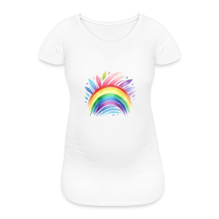 pastell-regenbogen-frauen-schwangerschafts-t-shirt-weiss