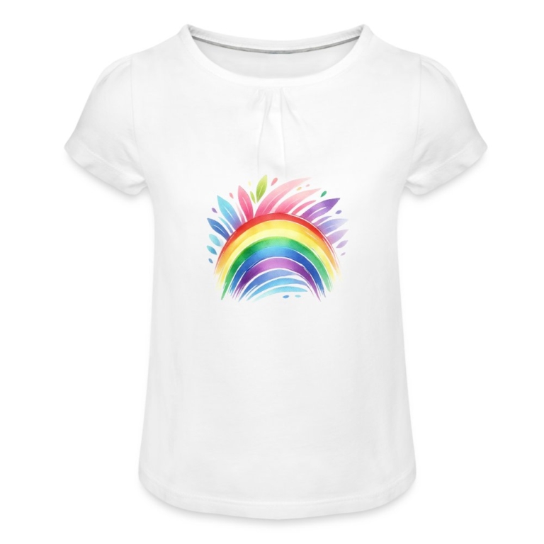 pastell-regenbogen-maedchen-t-shirt-mit-raffungen-weiss