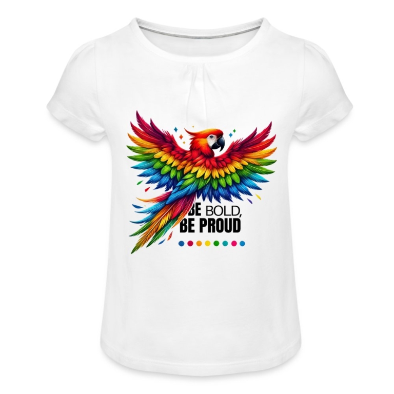 pride-papagei-maedchen-t-shirt-mit-raffungen-weiss