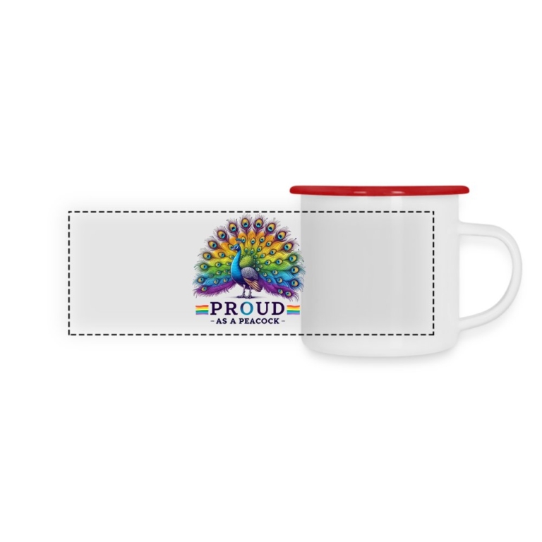 proud-as-a-peacock-panorama-emaille-tasse-weiss-rot